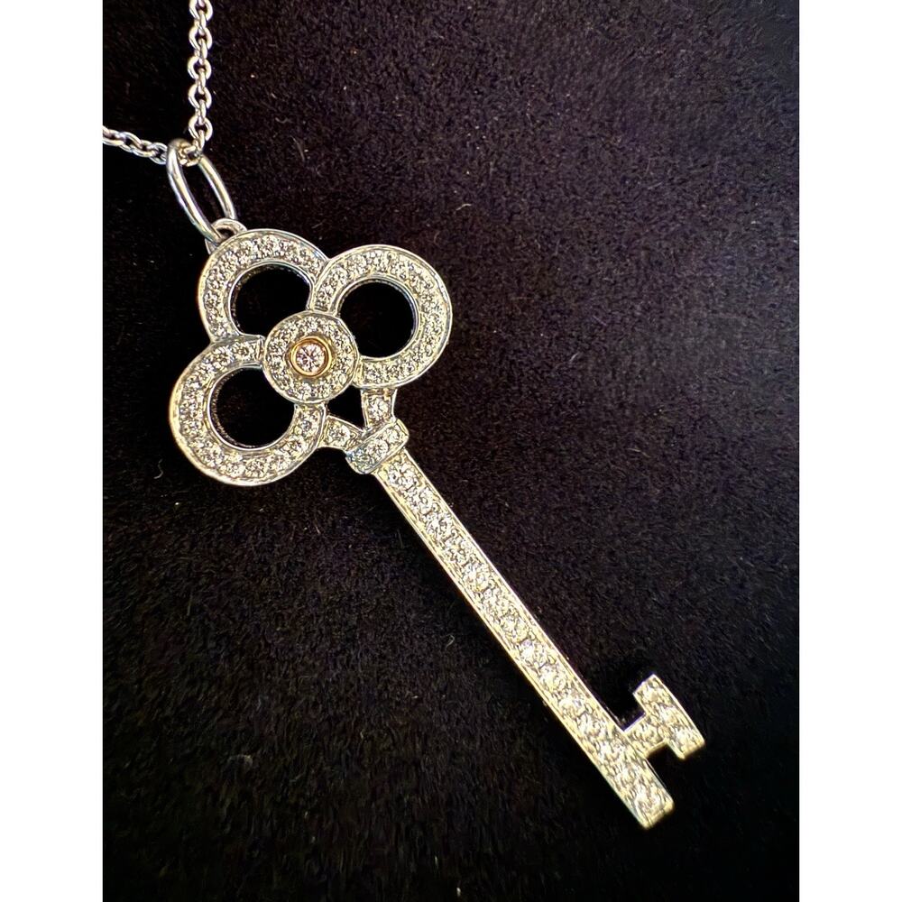 $8000 Tiffany Co Platinum 18k Gold *Pink Diamond Crown Key Pendant Necklace RARE